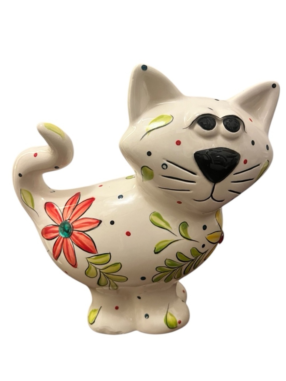 Cream Floral Ceramic Cat Piggy Bank- Decorative Pet Accent